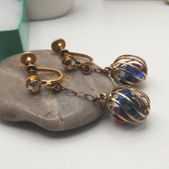 Caged Swarovski crystal antique screwback earrings E159 - Picture 1 of 5